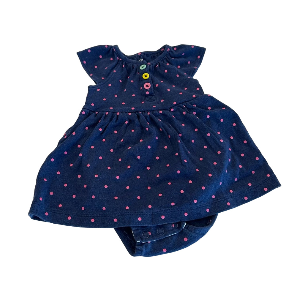 4/20$ Carter's Baby Navy Blue & Pink Polka Dot Bodysuit Dress Size 9 Months